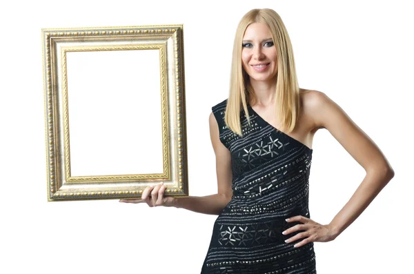 Žena držící rámeček obrázku na bílém pozadí — Stock fotografie