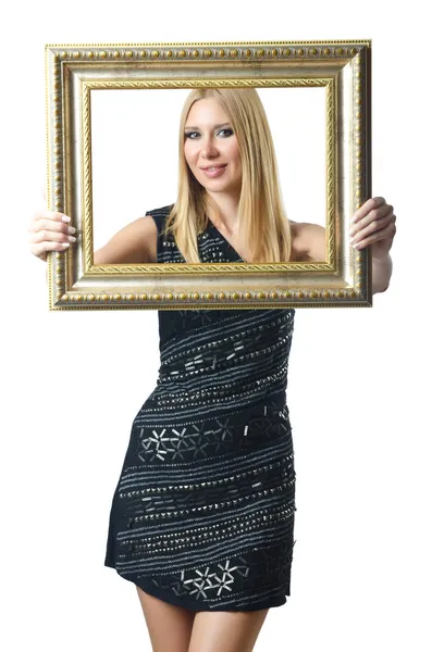 Woman holding picture frame on white — Stock Photo, Image