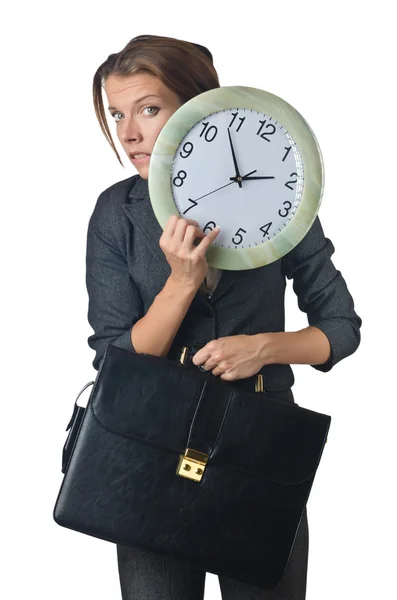 Geschäftsfrau mit Uhr isoliert auf weiß — Stockfoto