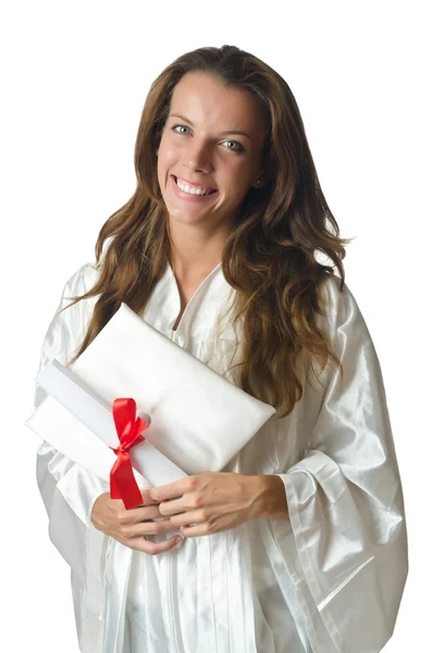 Young student with diploma on white — Stock Photo, Image