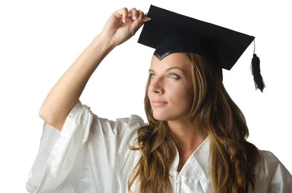 Ung student med diplom på vit — Stockfoto