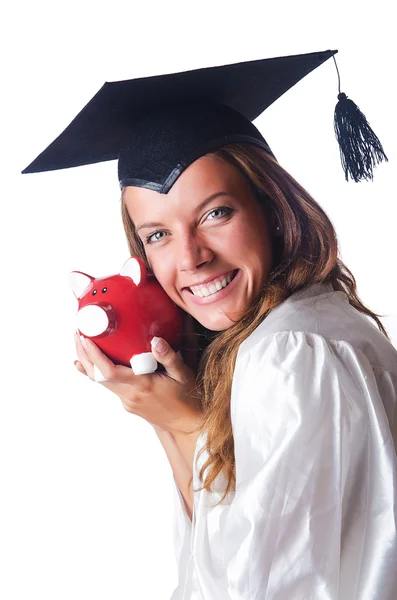 Student und Sparschwein auf weiß — Stockfoto