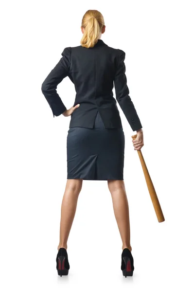 Businesswoman with baseball bat on white — Stock Photo, Image