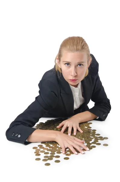 Woman with lots of coins on white — Stock Photo, Image