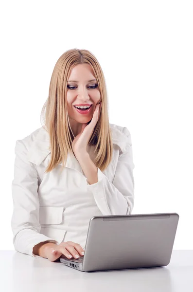 Woman with laptop on white — Stock Photo, Image