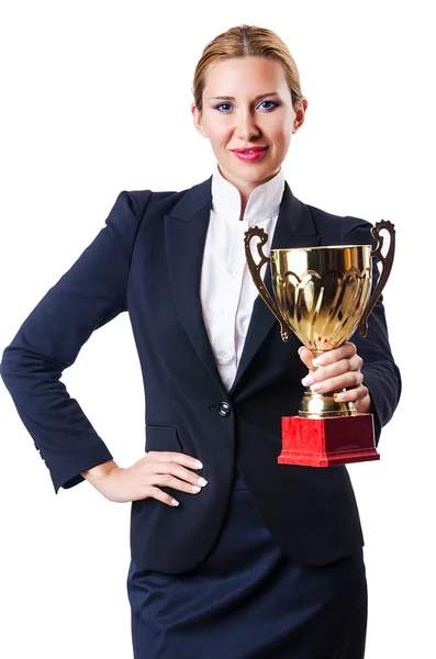 Businesswoman with prize on white — Stock Photo, Image