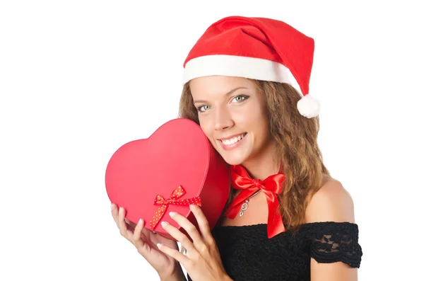 Giovane Babbo Natale con scatola regalo su bianco — Foto Stock