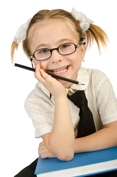 Kleines Mädchen mit Büchern auf weiß — Stockfoto