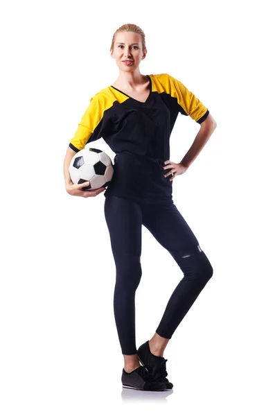 Femme jouant au football sur blanc — Photo