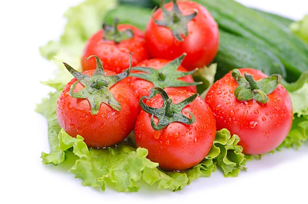 Tomaten en komkommers klaar voor salade — Stockfoto