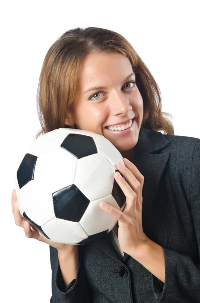 Businesswoman with football on white — Stock Photo, Image