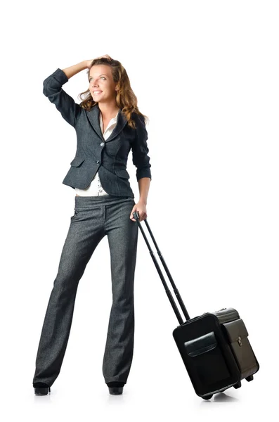 Businesswoman with travel case on white — Stock Photo, Image