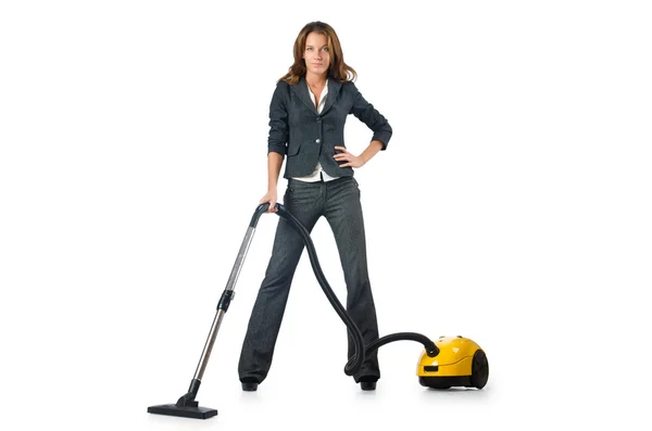 Zakenvrouw reinigen met een stofzuiger — Stockfoto