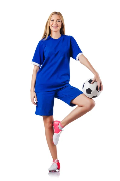 Mulher jogando futebol no branco — Fotografia de Stock