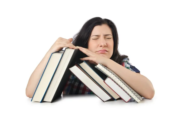 Müder Student mit Lehrbüchern auf Weiß — Stockfoto