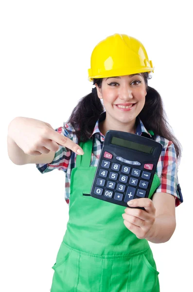 Woman builder with calculator on white — Stock Photo, Image