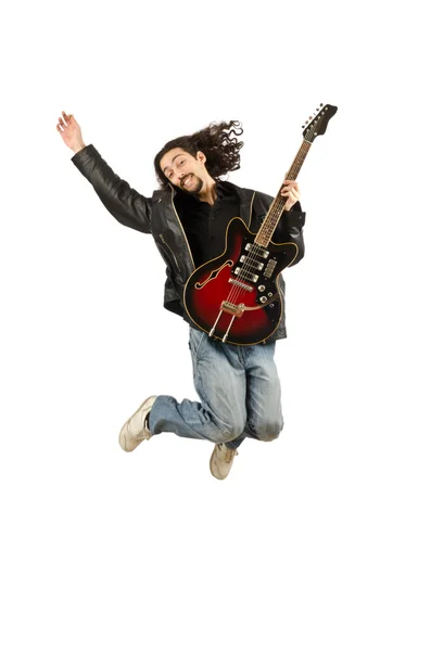 Jovem tocando guitarra no branco — Fotografia de Stock