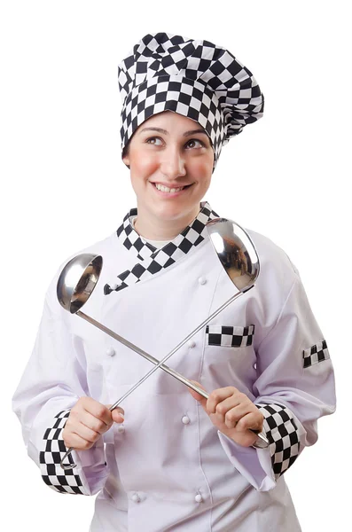 Mujer cocinero con cucharón en blanco —  Fotos de Stock