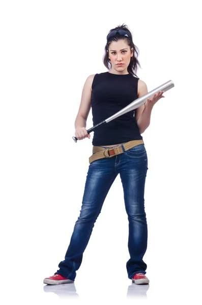 Woman criminal with bat on white — Stock Photo, Image