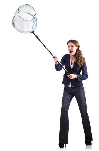 Woman with net isolated on white — Stock Photo, Image