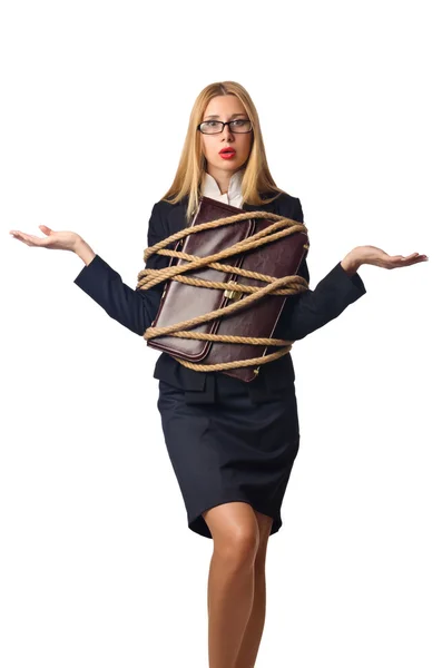 Woman businessman tied up with rope — Stock Photo, Image