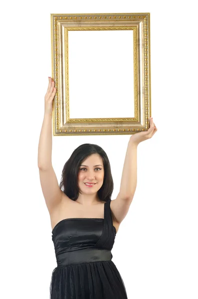 Femme avec cadre photo sur blanc — Photo