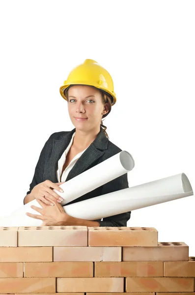 Businesswoman with drawings near brick wall — Stock Photo, Image