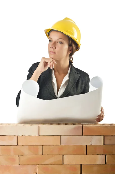 Businesswoman with drawings near brick wall — Stock Photo, Image