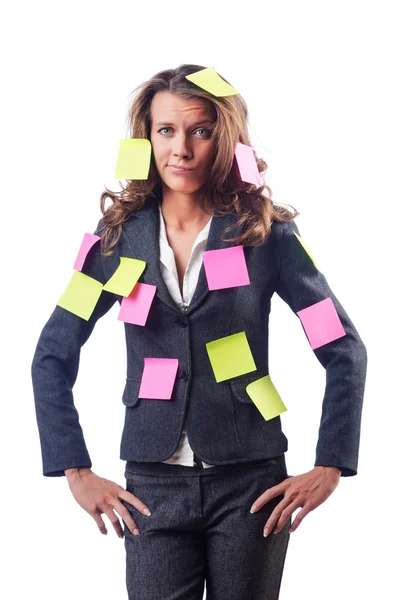 Woman with lots of reminder notes — Stock Photo, Image