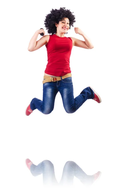 Woman with afro haircut on white — Stock Photo, Image