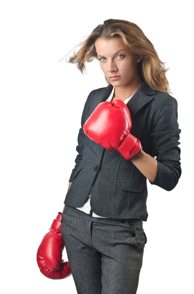 Jovem empresária no conceito de boxe — Fotografia de Stock