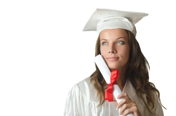 Giovane studente con diploma su bianco — Foto Stock