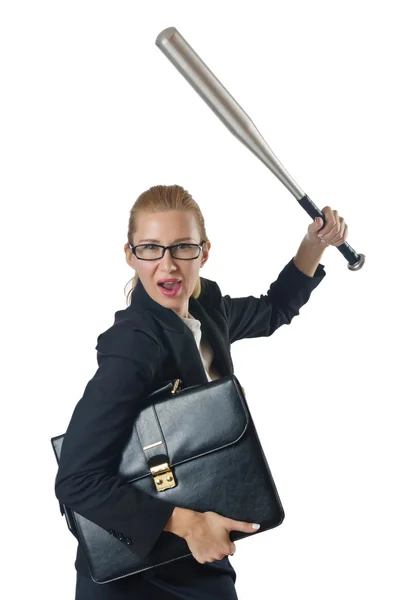 Businesswoman with baseball bat on white — ストック写真