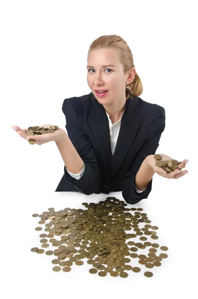 Mujer con un montón de monedas en blanco — Foto de Stock