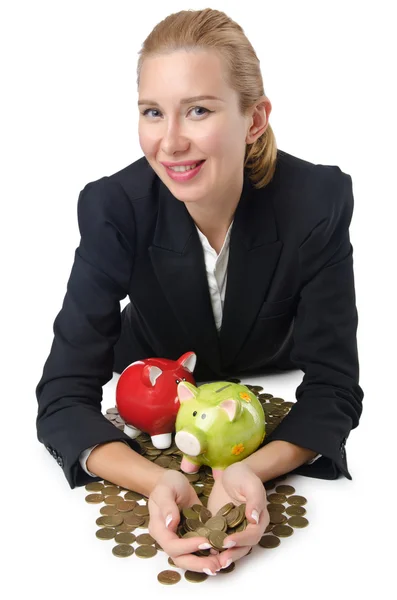 Woman breaking piggy bank for savings — Stock Photo, Image