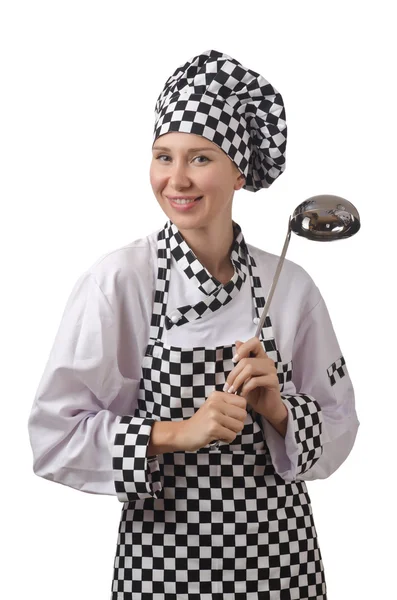 Jeune femme cuisinier isolé sur blanc — Photo