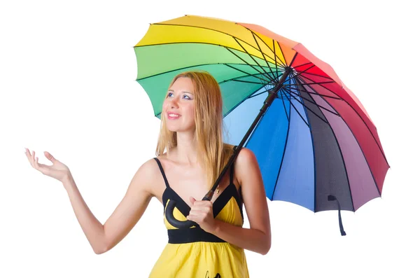 Junge Frau mit buntem Regenschirm — Stockfoto