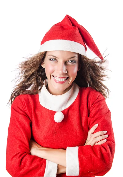Kvinna jultomten på vit — Stockfoto