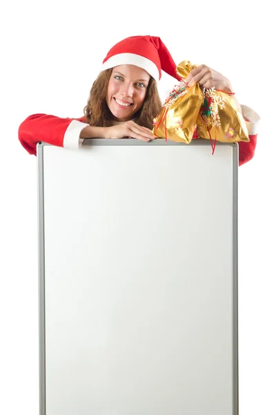 Young woman santa with blank board — Stock Photo, Image