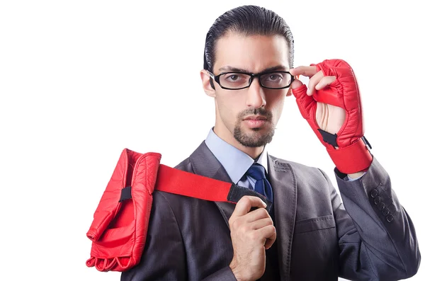 Uomo d'affari divertente con i guanti da boxe — Foto Stock