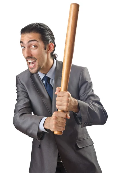 Angry businessman with bat on white — Stock Photo, Image