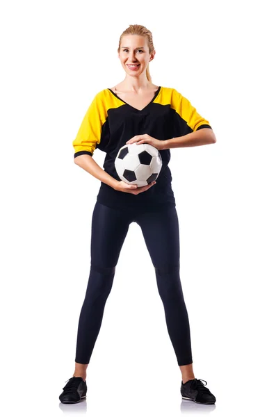 Žena fotbalista na bílém pozadí — Stock fotografie