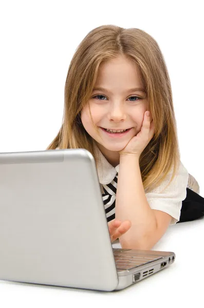 Cute girl with laptop on white — Stock Photo, Image