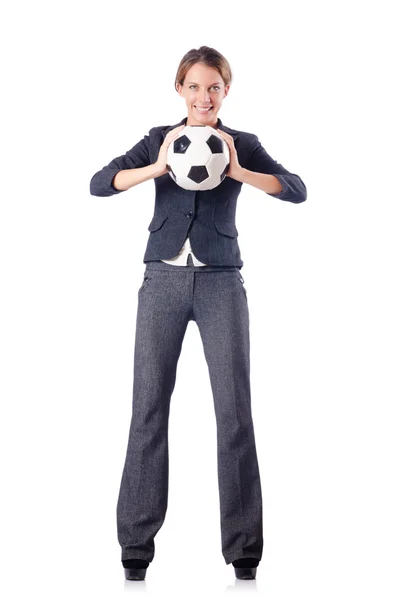 Businesswoman with football on white — Stock Photo, Image