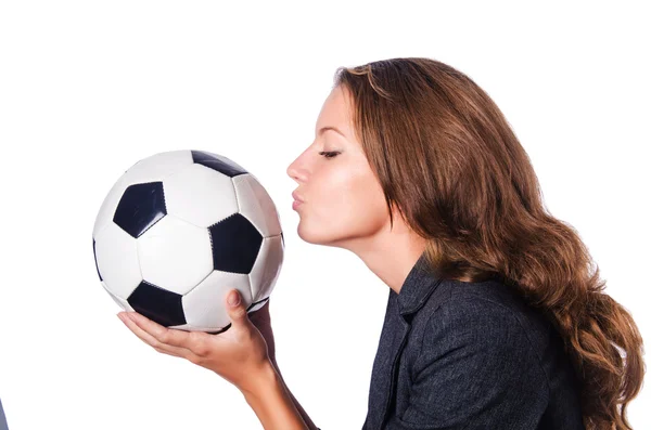 Бізнес-леді з футболом на білому — стокове фото