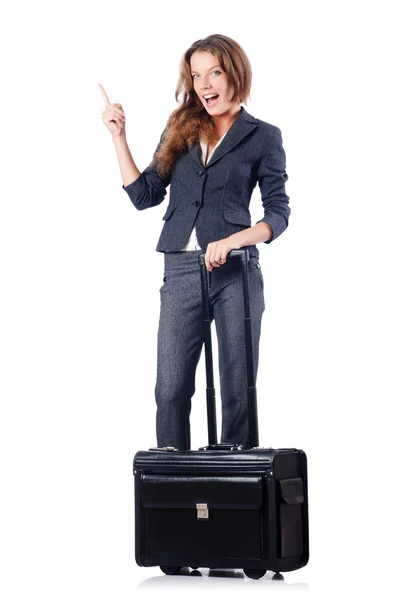 Zakenvrouw met koffer op wit — Stockfoto