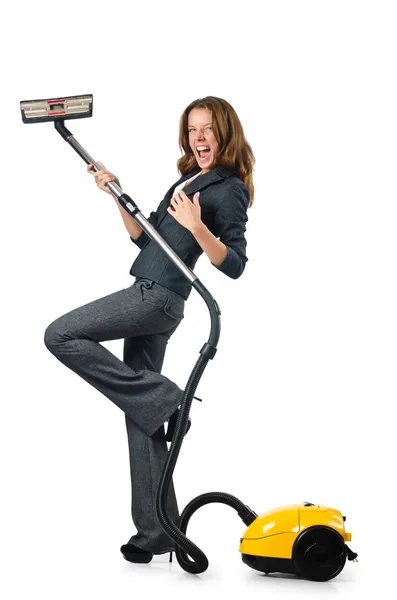 Mulher de negócios limpeza com aspirador de pó — Fotografia de Stock