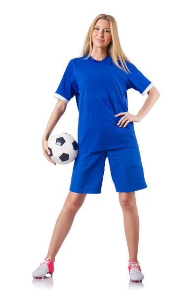 Femme jouant au football sur blanc — Photo