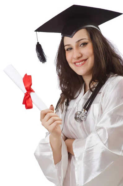 Absolvent s diplomem na bílém pozadí — Stock fotografie