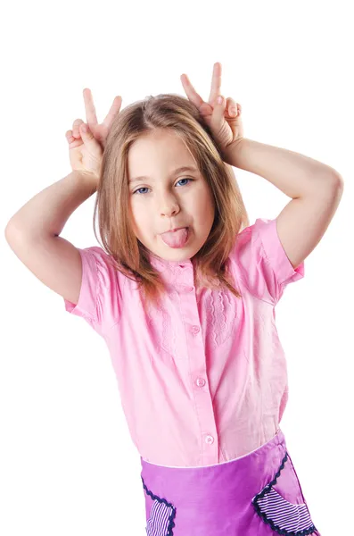 Schattig klein meisje geïsoleerd op de witte — Stockfoto